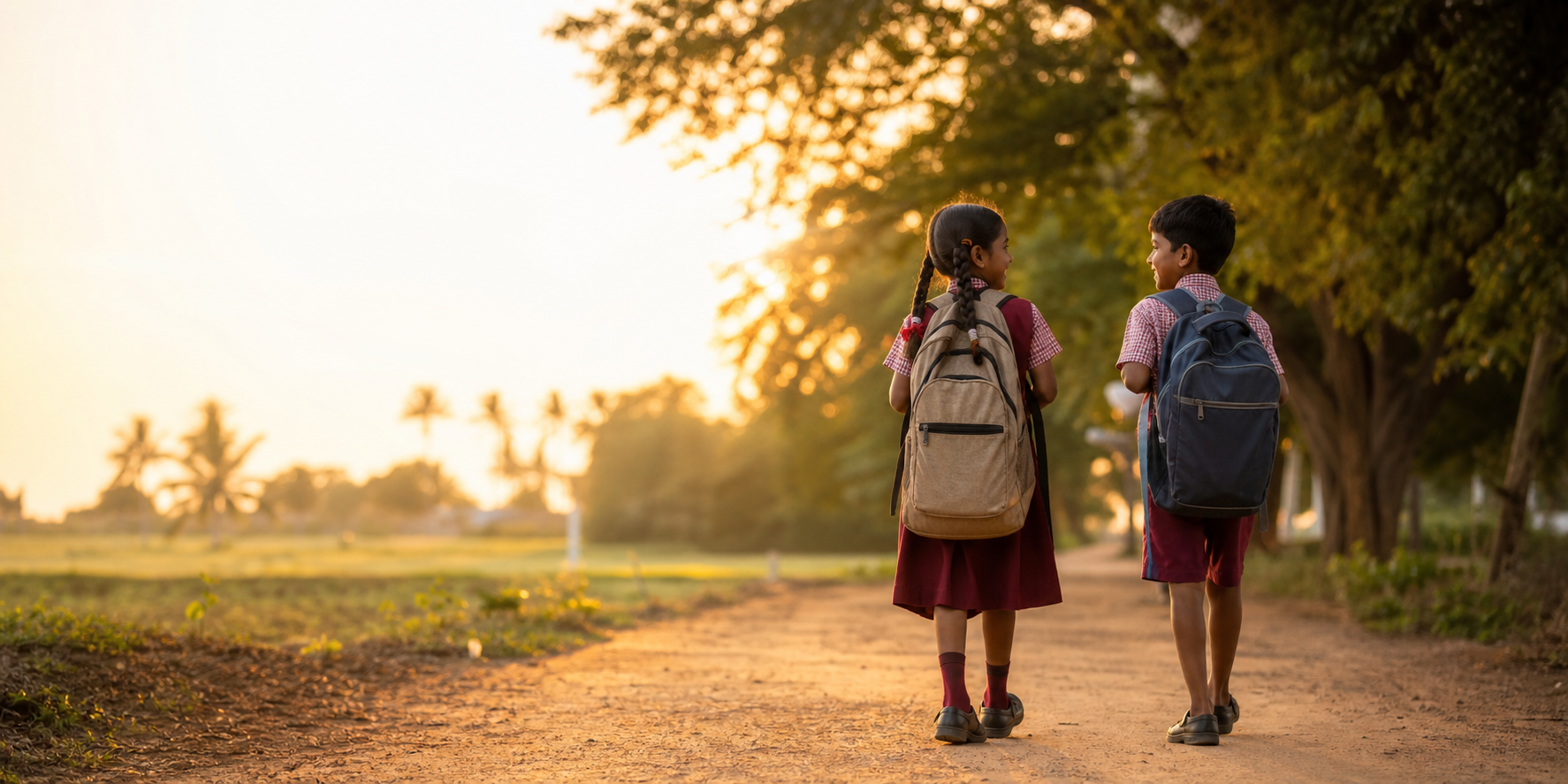 Two children walking together with school bags at sunset