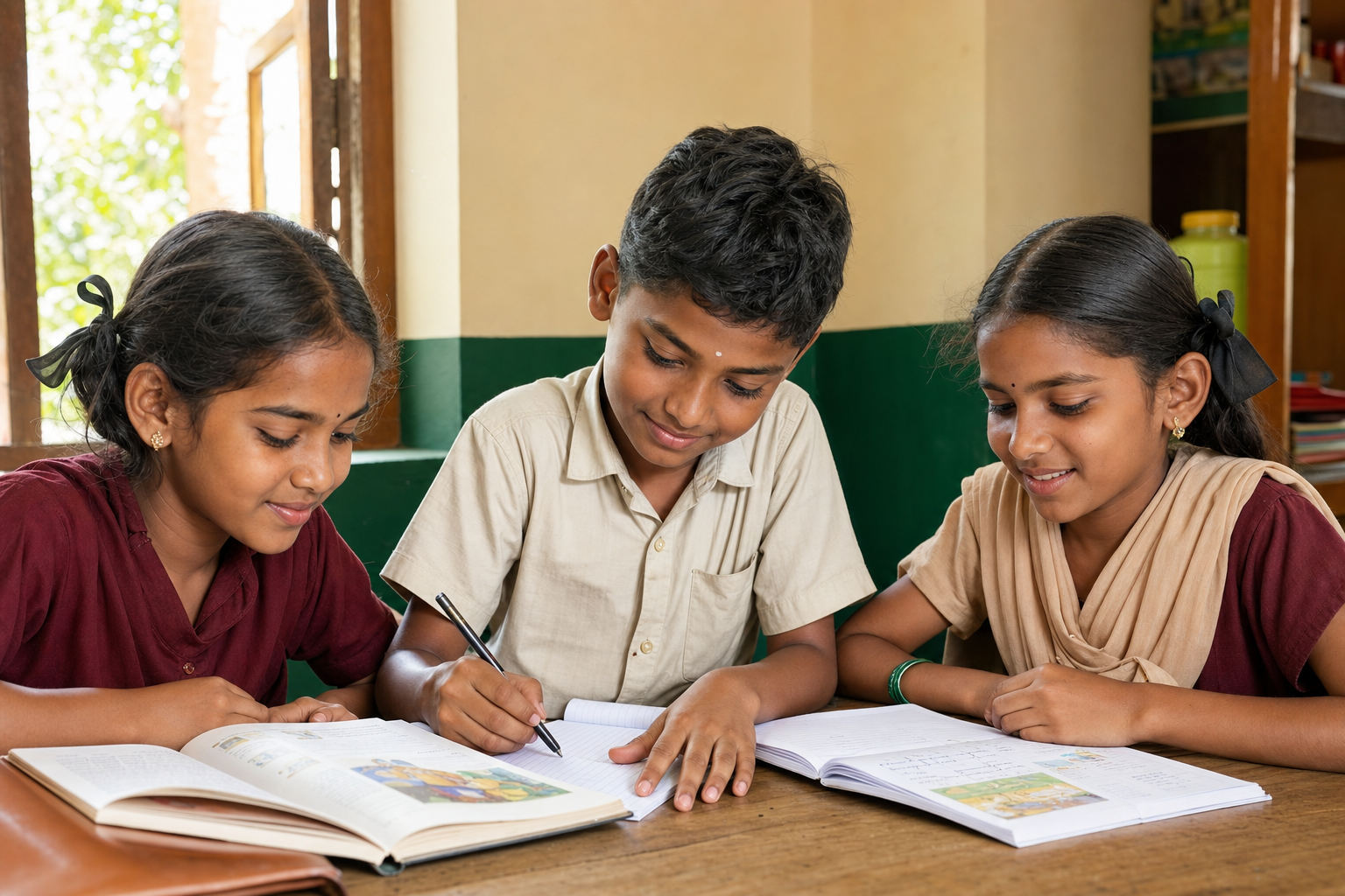 Children studying together at a table